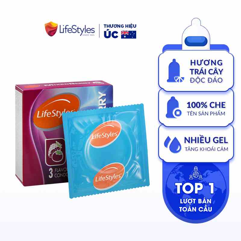 [Mua 1 Tặng 1] Bao Cao Su Hương Dâu 3 mùi Độc Đáo, Nhiều Gel Bôi Trơn LifeStyles Mixed Berry - Hộp 3 bao