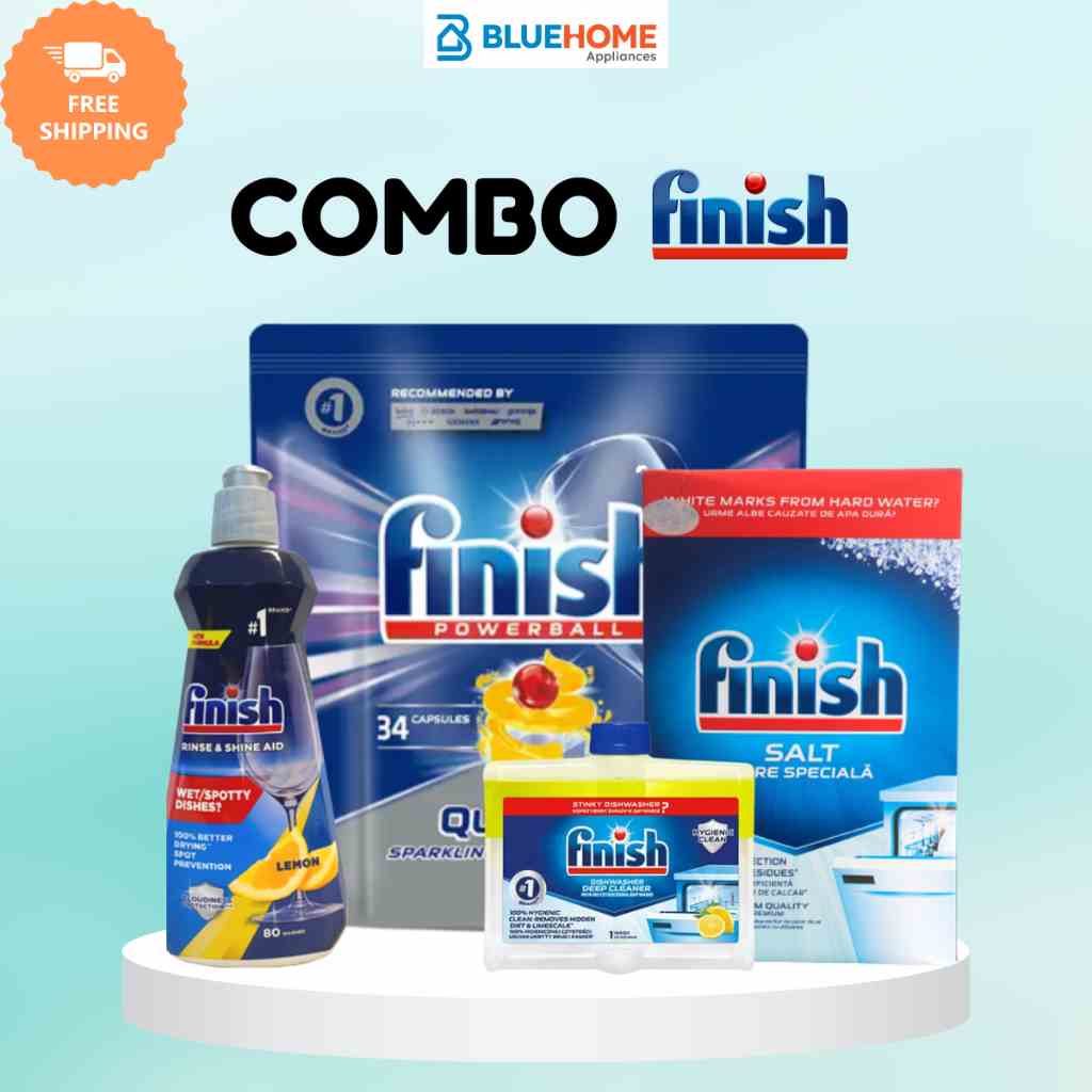 Combo Finish: Viên rửa bát Finish Quantum 34v + Muối 1.5kg + Bóng 800ml + Vệ sinh 250ml