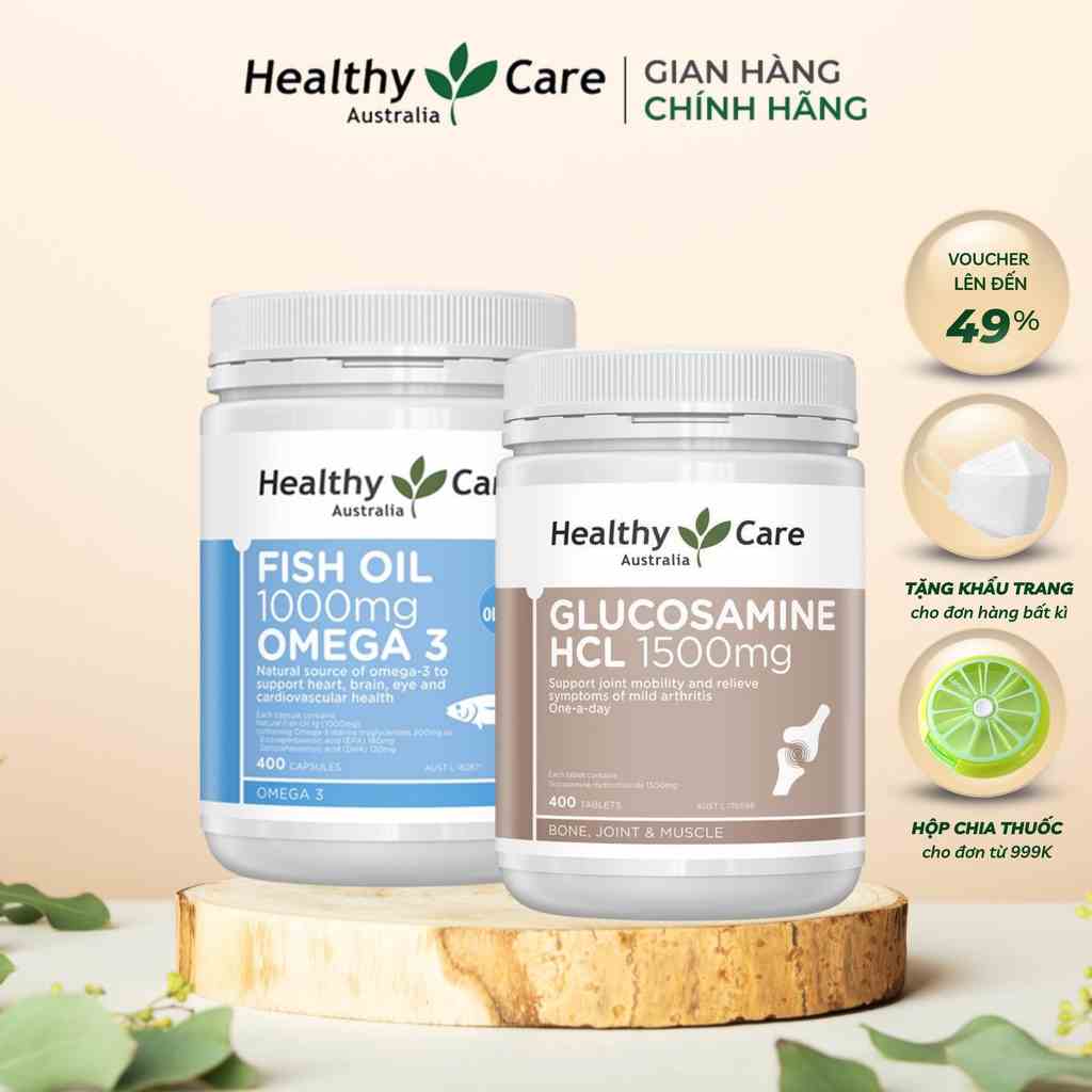 Combo Dầu cá Omega 3 Healthy Care Fish Oil (400 viên) và Bổ xương khớp Healthy Care Glucosamine HCL 1500mg 400 viên