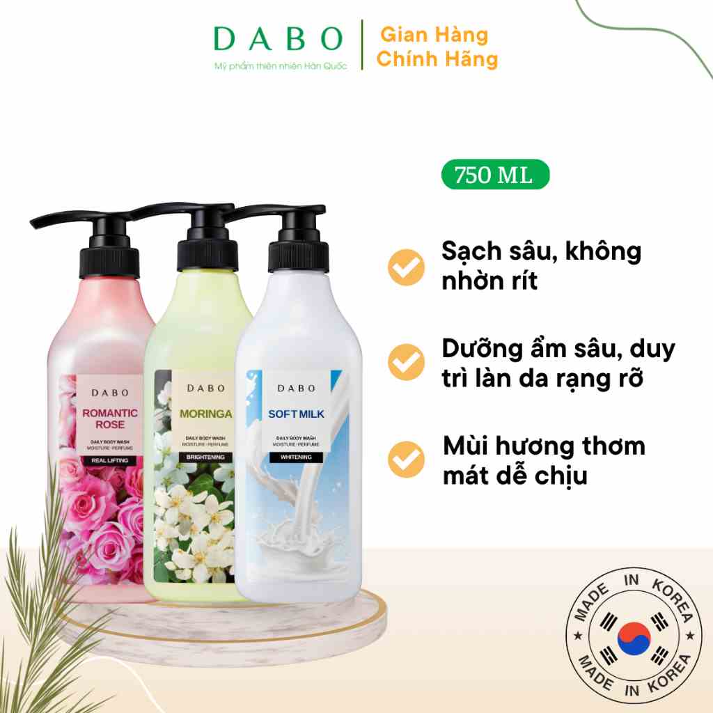 Sữa tắm DABO Tinh chất Sữa/ Hoa Hồng/ Chùm Ngây 750ml THIÊN ANH BEAUTY