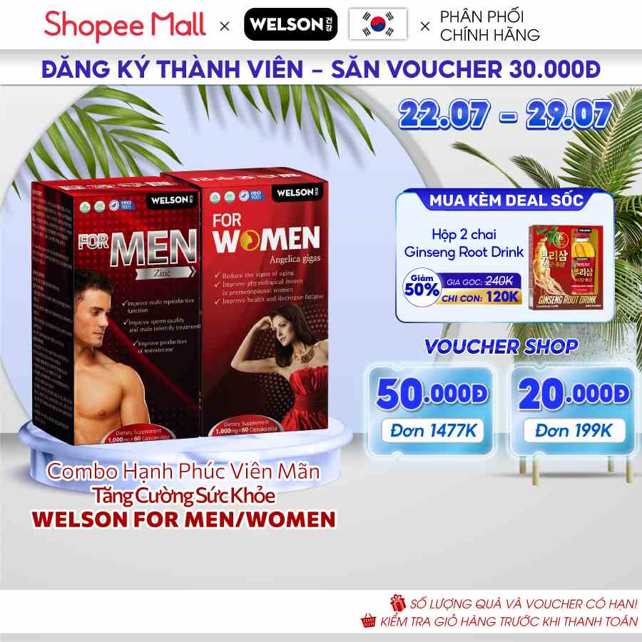 Combo Hạnh Phúc Viên Mãn Tăng Cường Sức Khỏe Welson For Women và Welson For Men 2 hộp x 60 viên