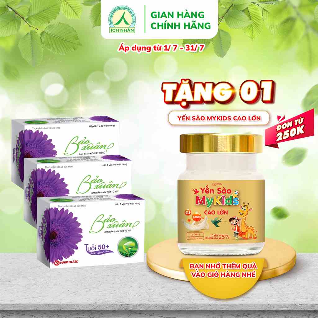 Combo 3 hộp viên uống Bảo Xuân 50+ giúp bổ sung nội tiết tố nữ, làm chậm lão hoá, giảm bốc hoả, cáu gắt 30 viên/hộp