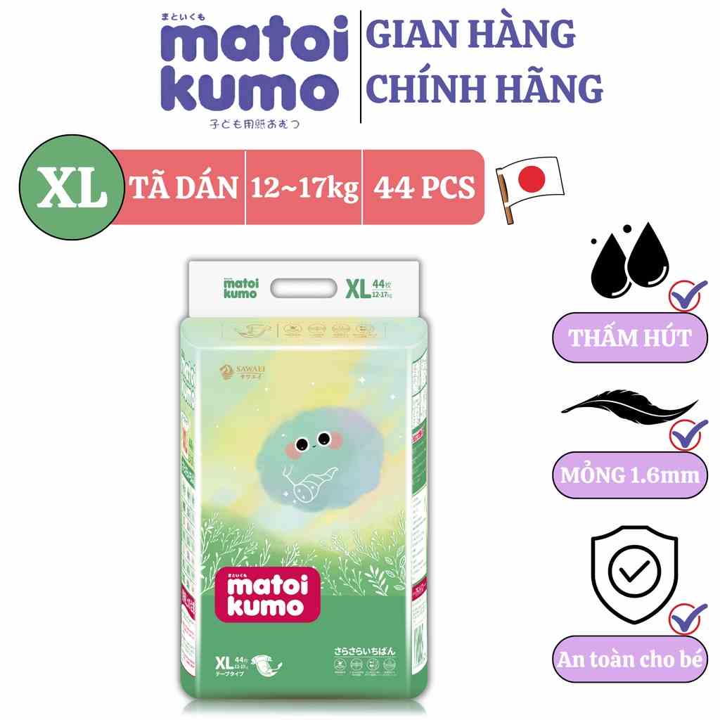 Tã Dán Cao Cấp MATOI KUMO Xuất Xứ Nhật Bản Thấm Hút Tối Đa, Siêu Mỏng, Bề Mặt Thoáng Khí size XL44 cho bé 12~17kg