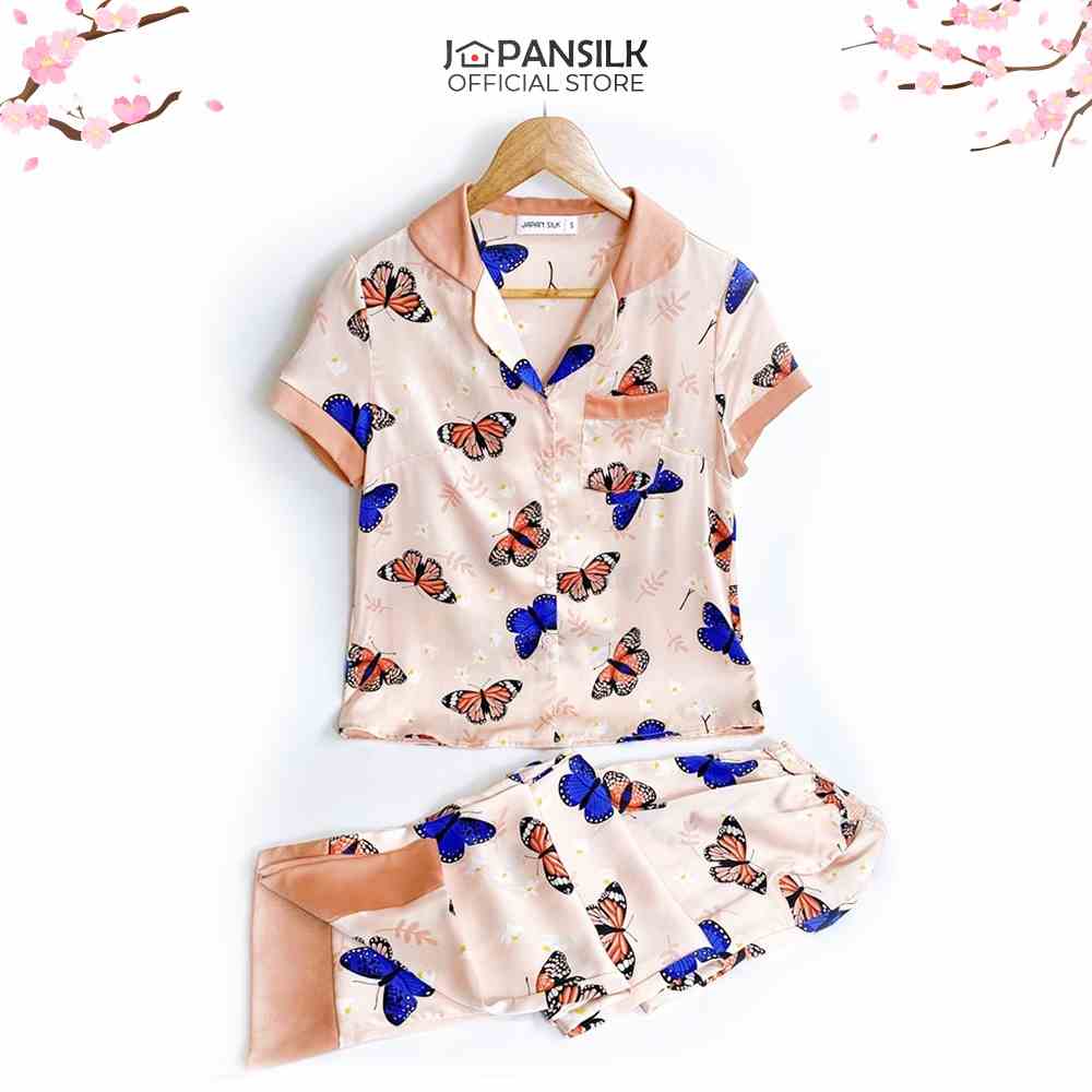 Bộ đồ ngủ Bigsize Pijama lụa Nhật cao cấp JAPANSILK, ngắn tay quần dài họa tiết chú bướm xinh CD083