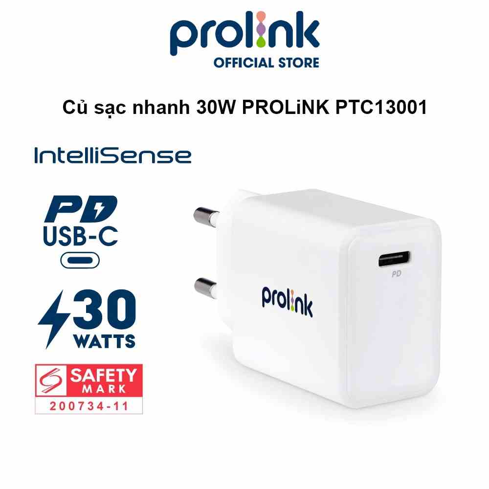 Củ sạc nhanh 30W PROLiNK PTC13001, 1 cổng USB-C, IntelliSense, PD 3.0, sạc siêu nhanh cho điện thoại, máy tính bảng