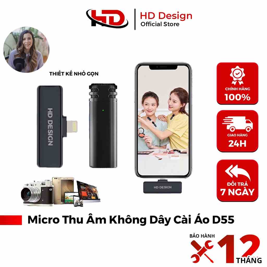 Micro thu âm không dây cài áo D55 - Khử Tiếng Ồn Cao Cấp - Pin 8H - Nhiều Chế Độ Thu Âm - Chính Hãng HD DESIGN