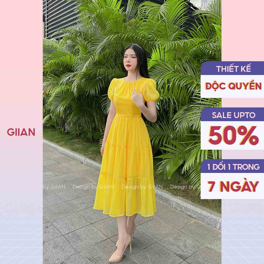 Váy đi biển dáng dài tay bồng thiết kế tầng cách điệu, đầm maxi 2 tầng tơ hàn mỏng nhẹ có lớp lót - GV1877