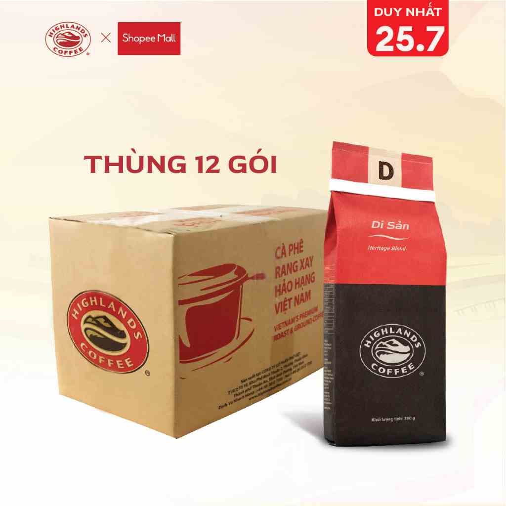 Thùng 12 gói cà phê rang xay Di sản Highlands Coffee 200g