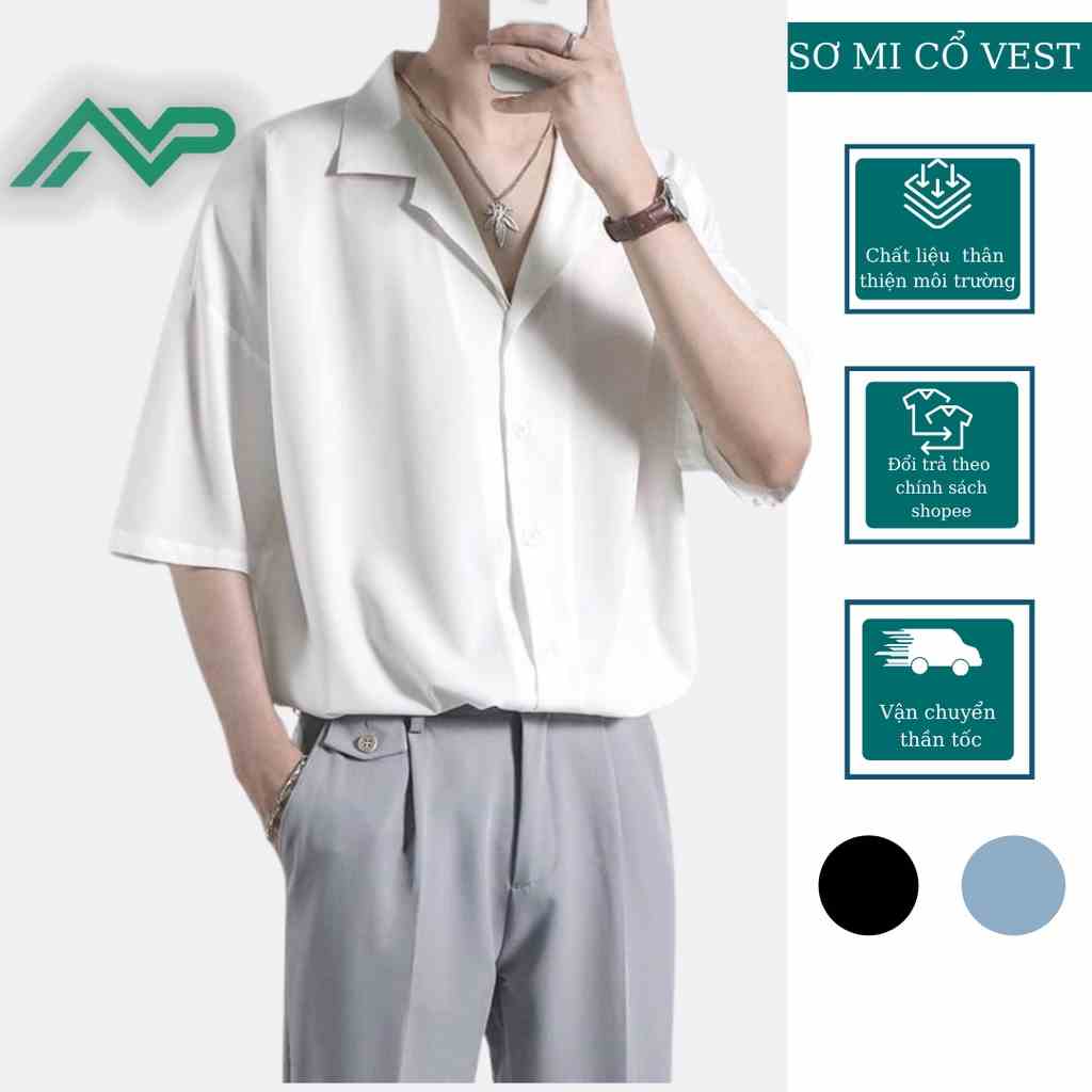 Áo Sơ Mi Ngắn Tay Nam Nữ Cổ Vest NPV Trắng, Đen, Nâu - Kiểu sơ mi tay ngắn form rộng Cổ Vest