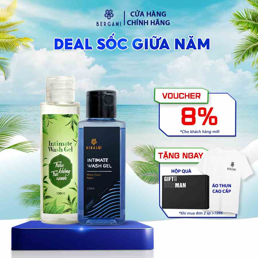 Combo Dung Dịch Vệ Sinh Nam & Nữ Bergami Tinh Chất Trầu Trà Mùi Hương Nước Hoa Khử Mùi 24H 130ml/chai