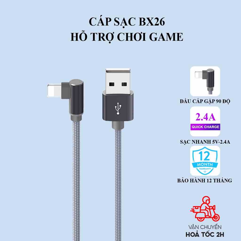 Dây sạc 2.4A Borofone BX26 đầu cáp L gập 90 độ, dây bọc dù dài 1 mét dành cho gaming