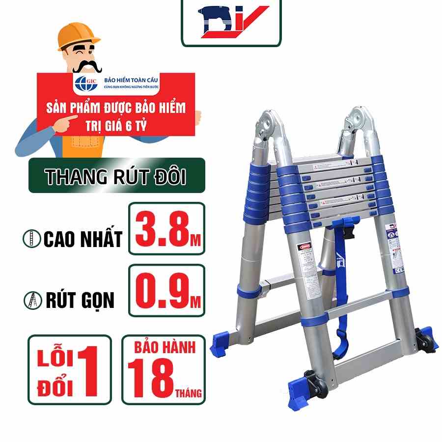 Thang nhôm rút đôi DIY TL-AI-38S chiều cao sử dụng tối đa chữ A 1.8m chữ I 3.8m, tải trọng 150kg