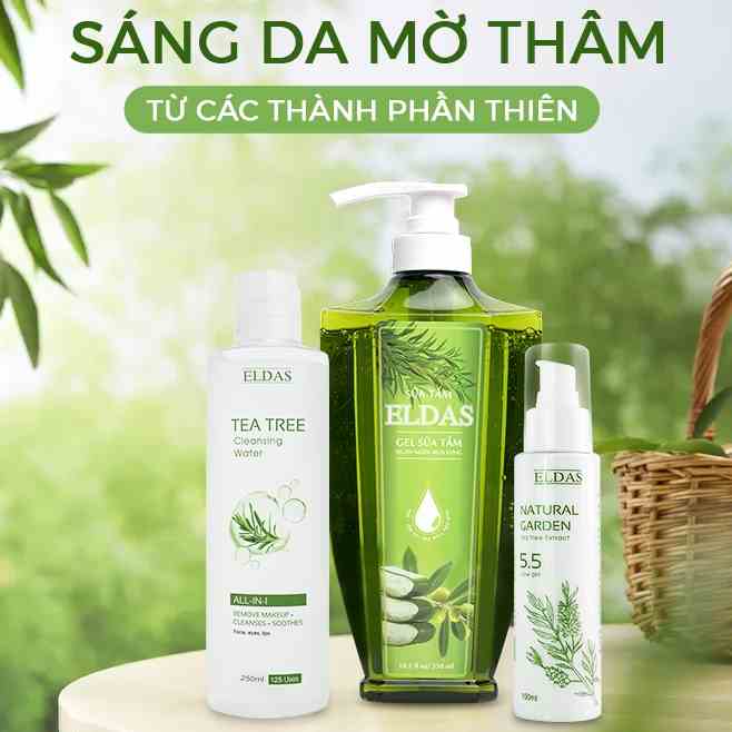 Combo Sữa Tắm Mụn Lưng Eldas & Sữa Rửa Mặt Dịu Nhẹ & Nước Tẩy Trang Tinh Chất Tràm Trà 550ml/chai, 100ml/chai,250ml/chai