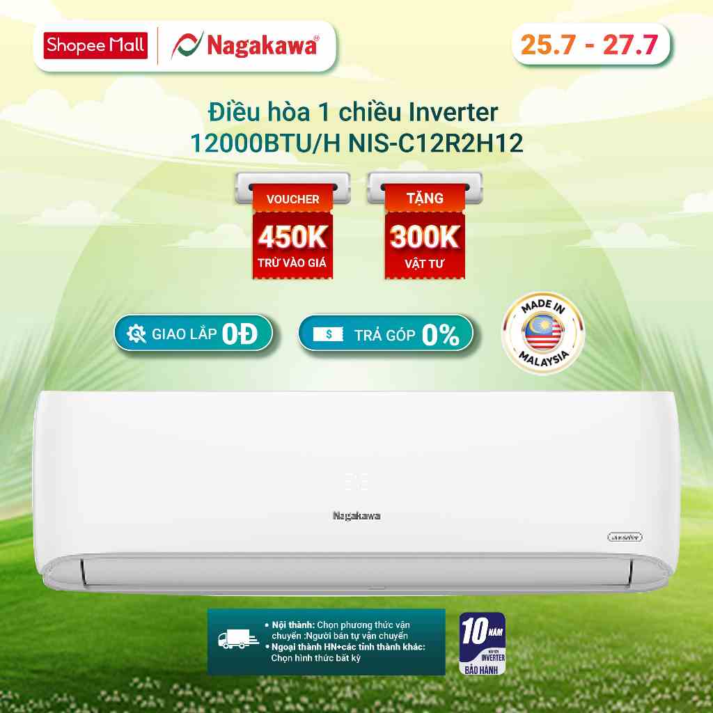 Miễn phí công lắp đặt - Điều hòa/ Máy lạnh 1 chiều Inverter Nagakawa 12000BTU (1.5 Hp) NIS-C12R2H12 - Bảo hành 2 năm