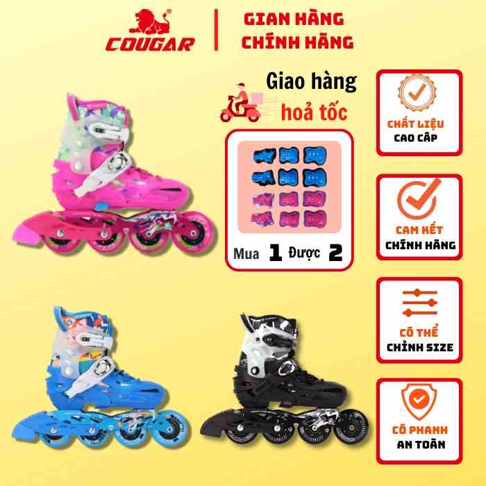 Giày Patin Trẻ Em Cougar-Flying Eagle S6S+ Chính Hãng Frame Hợp Kim Chắc Chắn, Form Nhựa, Có Nút Chỉnh Size