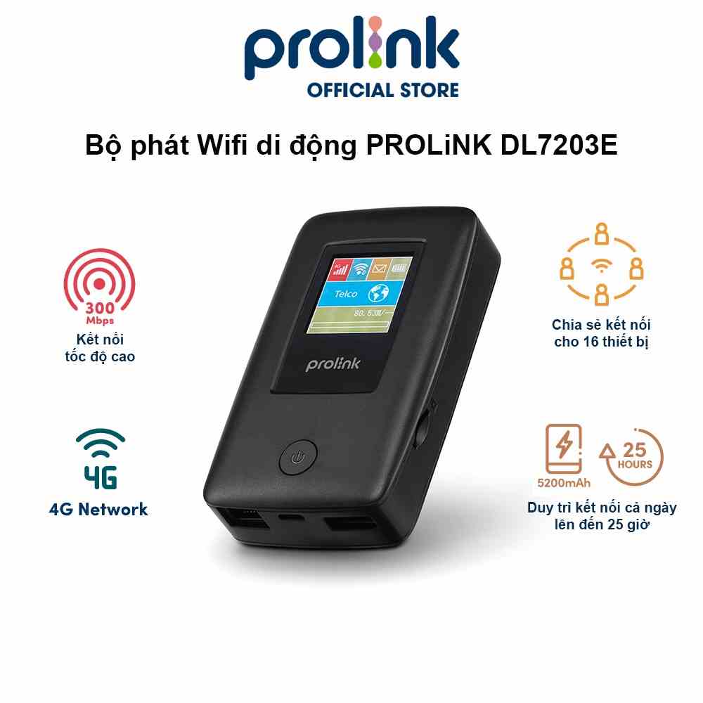 Bộ phát Wifi di động PROLiNK DL7203E dùng SIM 4G LTE 150Mbps, pin 5200mAH lên tới 25h, TFT 1.44