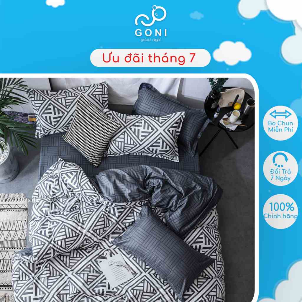 Bộ Chăn Ga Gối Cotton Tici GONI Họa Tiết Hoa Văn Vuông Tinh Tế Drap Giường Đủ Kích Thước Trải Nệm Không Kèm Ruột