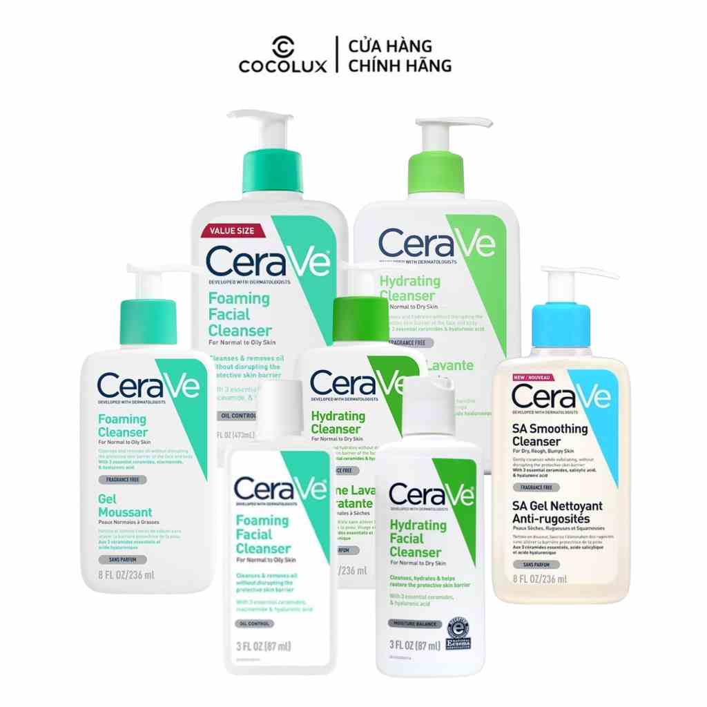 Sữa rửa mặt Cerave Foaming Cleanser, CeraVe Hydrating Cleanser, SA Cleanser cho mọi loại da 88ml, 236ml, 473ml