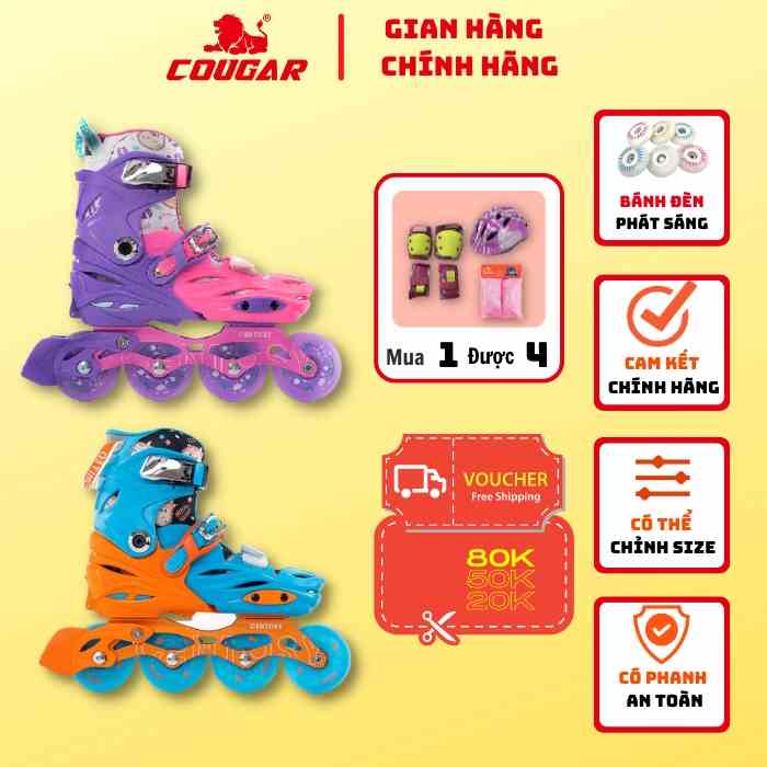 Giày Patin Trẻ Em COUGAR Centosy Joy Kid (CR5) Phiên Bản Giới Hạn 2022, 8 Bánh Đèn Phát Sáng, Tặng Kèm Phụ Kiện + Khoá H