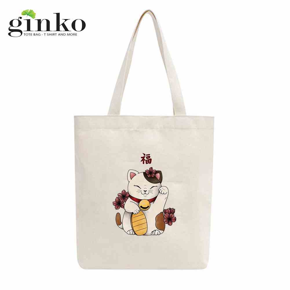 Túi Tote Vải Canvas GINKO Kiểu Basic có dây kéo khóa (có túi con) In Hình Mèo Thần Tài 2023-GK16