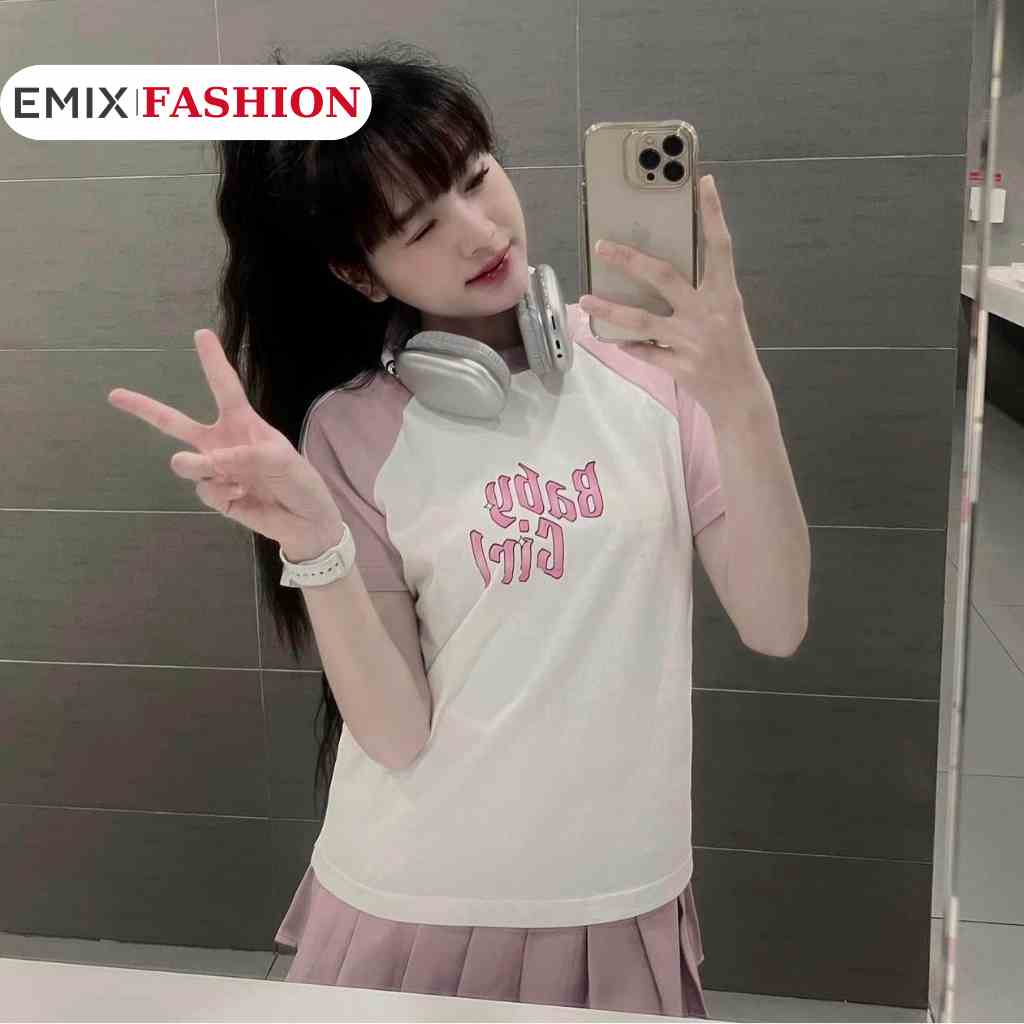 Áo babytee thêu chữ baby girl EMIX, áo thun phối tay chạy sọc thêu chữ xinh xắn, Freesize dưới 60kg 9101