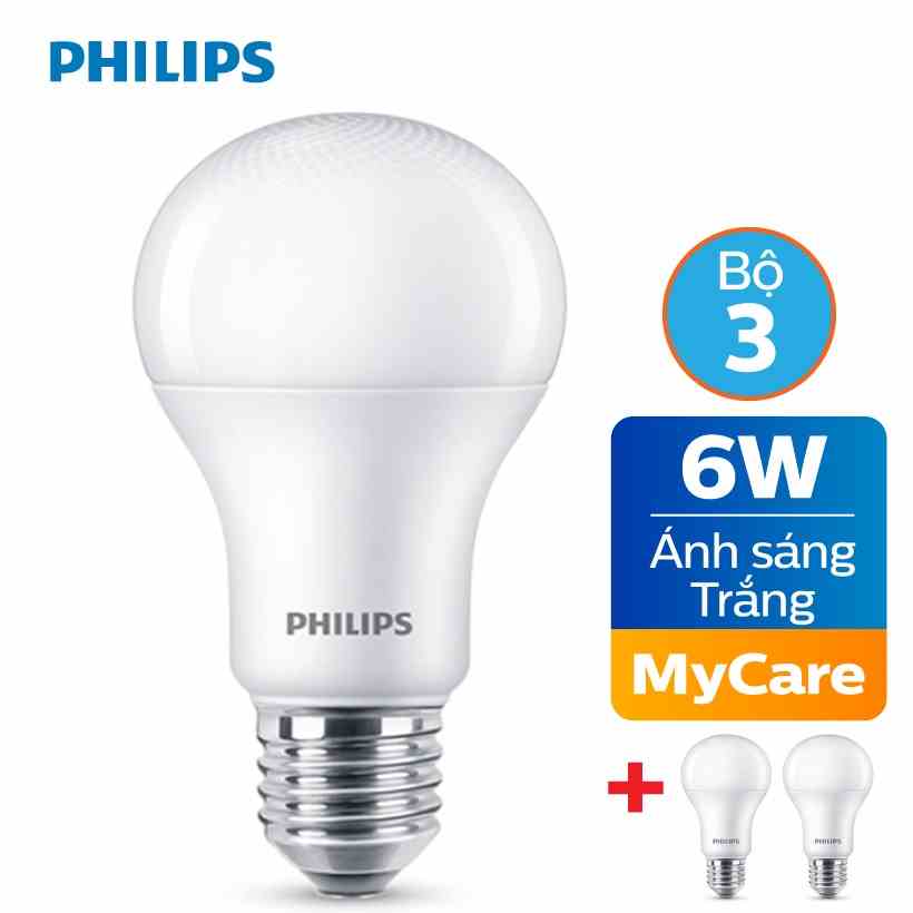 [Mã BMLTA35 giảm đến 35K đơn 99K] Bộ 3 Bóng đèn LED Philips MyCare 6W 6500K E27 A60 - Ánh sáng trắng