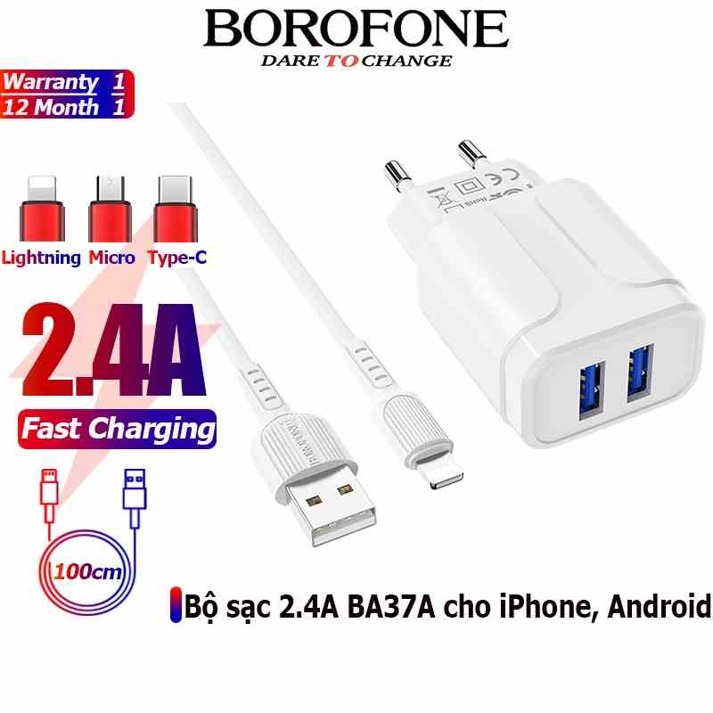 Bộ sạc cáp 2.4A BOROFONE BA37A gồm 2 cổng USB dây dài 1m - Chính hãng