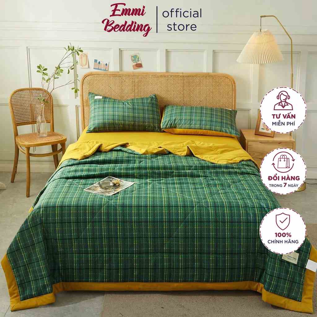 Bộ chăn ga gối cotton tici chăn trần EMMI Bedding mẫu kẻ xanh rêu  grap nệm thun lạnh Hàn Quốc Drap giường đệm đủ size