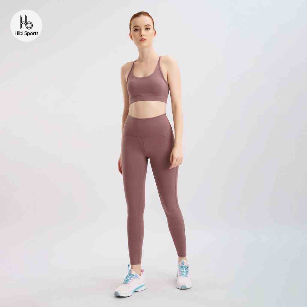 Set đồ tập yoga gym Luxury Hibi Sports H140 đan hai nơ bản to, màu Hồng Gỗ kèm mút ngực, chất vải cao cấp Lu Fabric