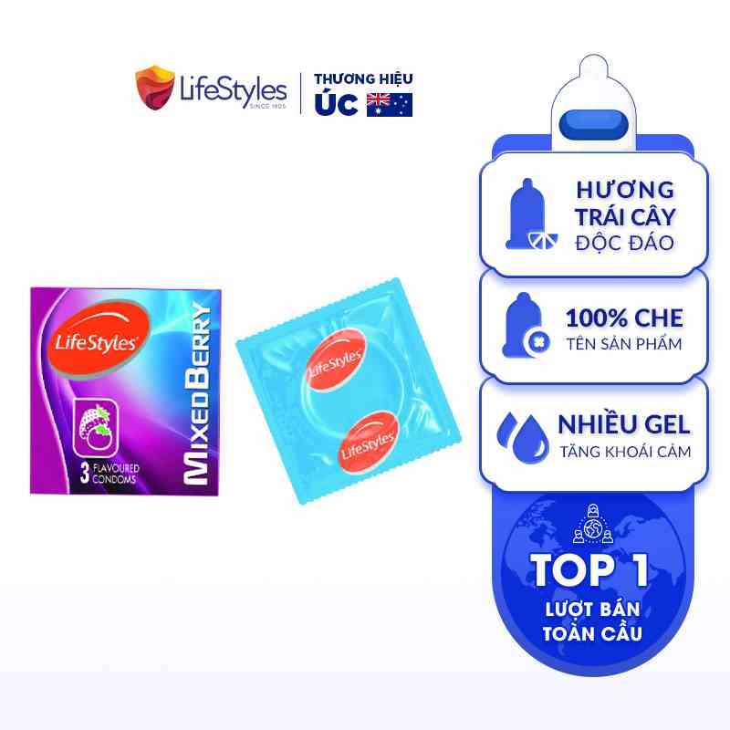 (1 Cái dùng thử) Bao Cao Su Hương Dâu Độc Đáo Mix 3 Loại Trái Cây Tăng Cực Khoái Gấp 2 Lần Lifestyles Mixed Berry