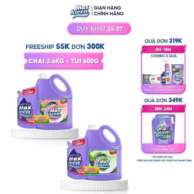 Chai Nước Lau Sàn MaxKleen 3.6kg + Túi Nước Giặt xả 600g Hoa Huyền Diệu