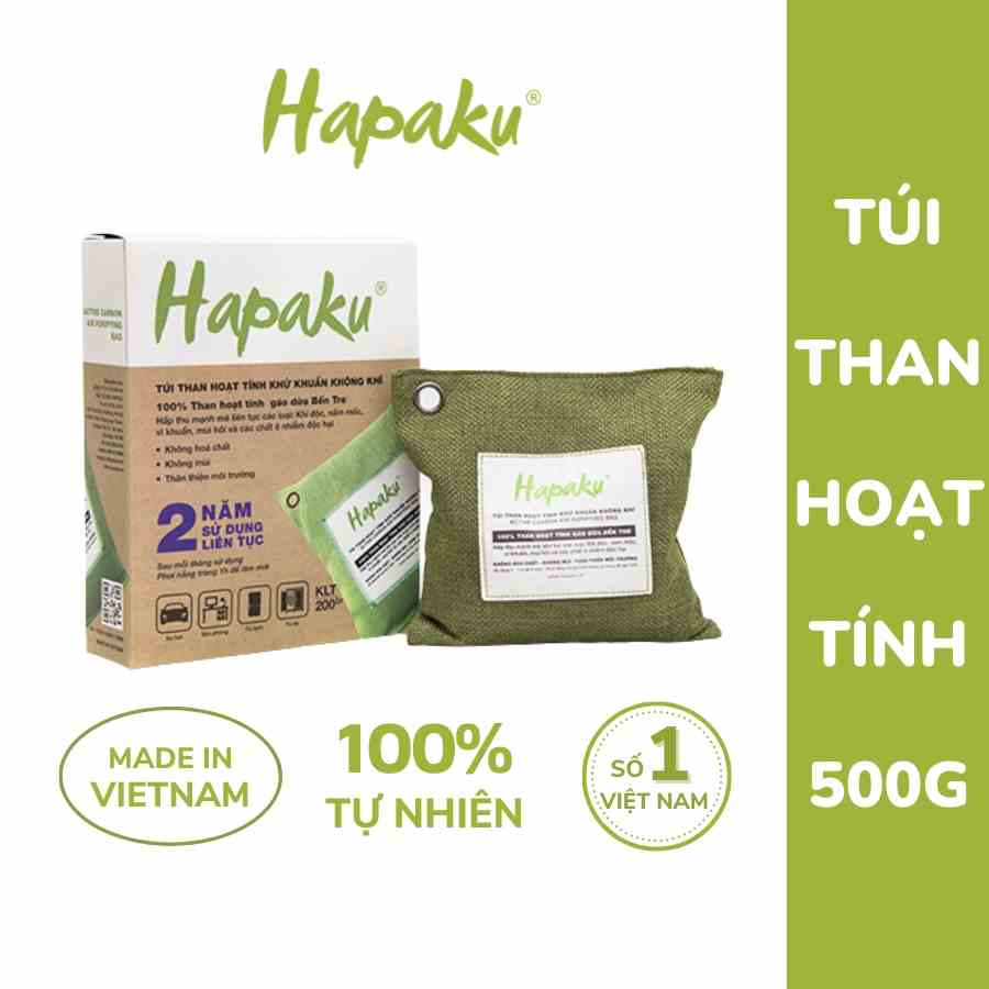 Túi Than Hoạt HAPAKU - Hút Mùi, Khí Độc Cho Ô Tô, Tủ Lạnh, Phòng Ngủ Từ 100% Gáo Dừa Bến Tre (500G)