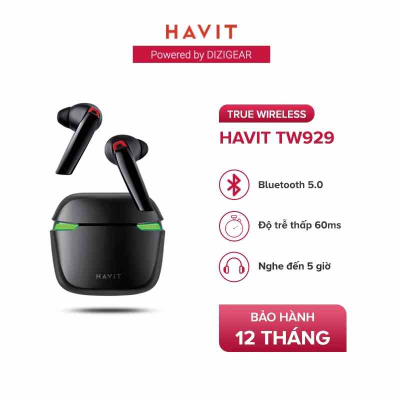 Tai Nghe TWS HAVIT TW929 BT 5.0, Độ Trễ Thấp 60ms, Kháng IPX5, Thời Gian Nghe Đến 21h - Chính Hãng BH 12 Tháng Dizigear