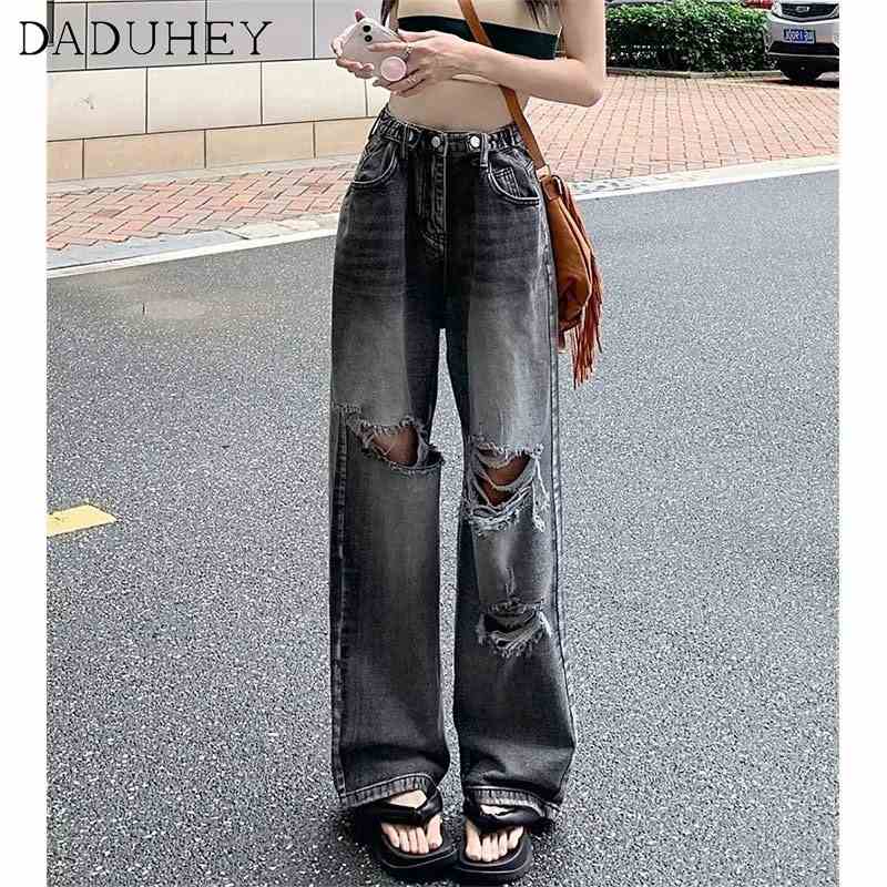 Daduhey Quần jeans dài ống rộng lưng cao khoét lỗ phong cách trẻ trung pha cổ điển thời trang Hàn Quốc