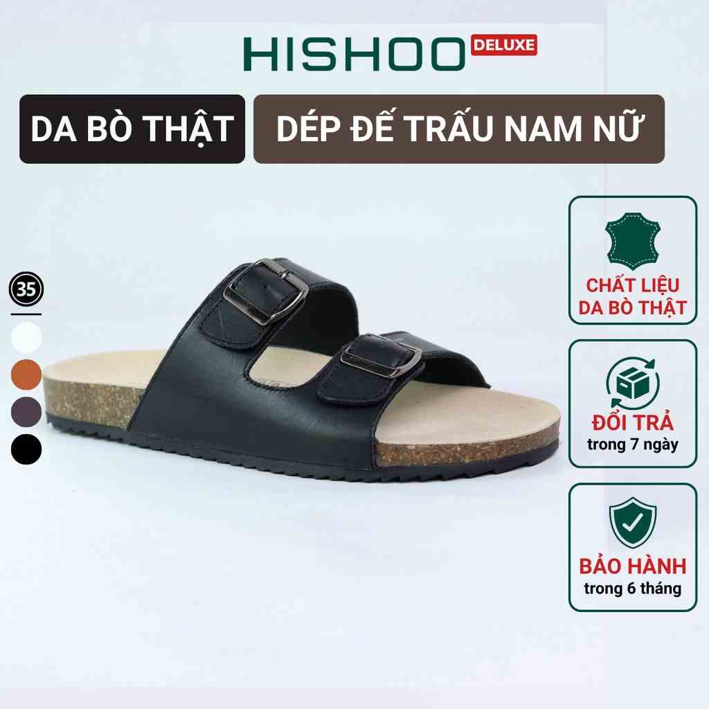 Dép Đế Trấu Nam Nữ Birken Da Bò Sáp Quai Ngang 2 Khóa Trắng Hishoo M093