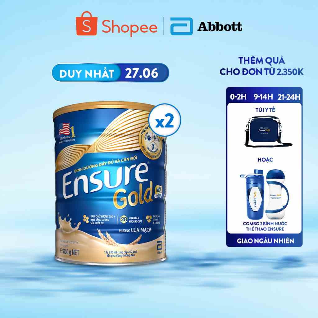 Combo 2 Sữa bột Ensure Gold Abbott (HMB) hương Lúa mạch 850g/lon