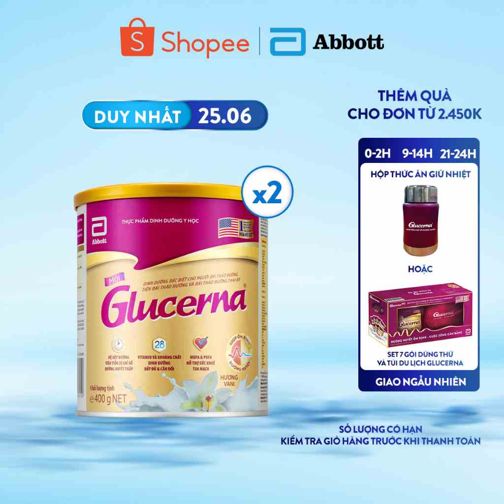 Combo 2 Sữa bột dành cho người bị tiểu đường Glucerna Abbott 400g/lon