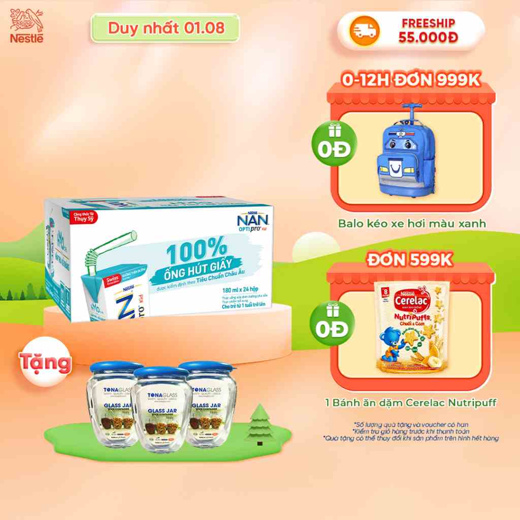 [Tặng Bộ 3 hũ thủy tinh] Thùng Sữa Dinh Dưỡng Pha Sẵn NESTLE NAN OPTIPRO Kid -Thùng 24 Hộp 180ml/hộp