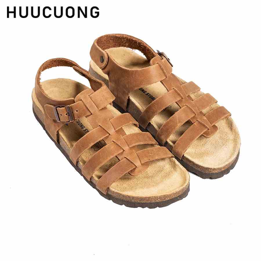 Giày Sandal Unisex HuuCuong chiến binh da bò nâu đế trấu