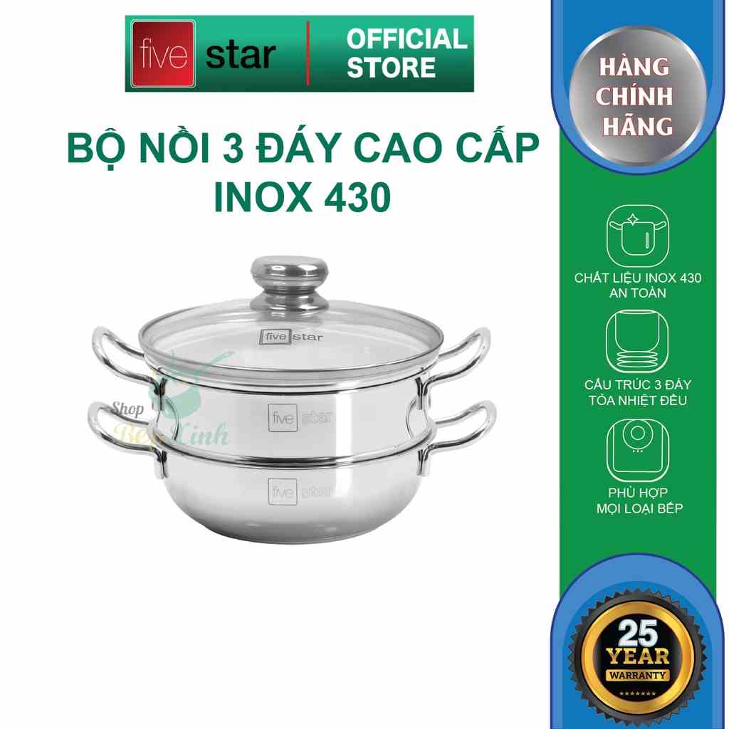 [Mã BMLTB35 giảm đến 35K đơn 99K] Nồi lẩu xửng hấp FIVESTAR 3 đáy từ nắp kính 24cm / 26cm / 28cm , tặng 1 vá canh