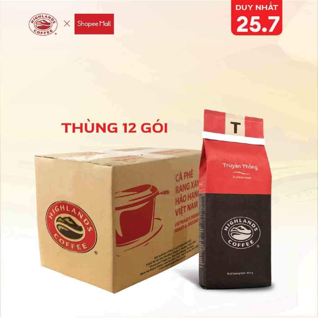 Thùng 12 gói Cà phê rang xay �Truyền Thống Highlands Coffee 200gr