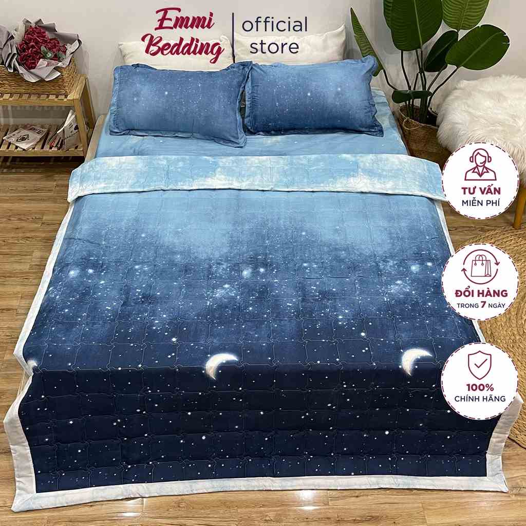 Set ga gối chăn hè chần bông 5 món Cotton EMMIBedding, mẫu màn đêm mền cotton họa tiết đáng yêu