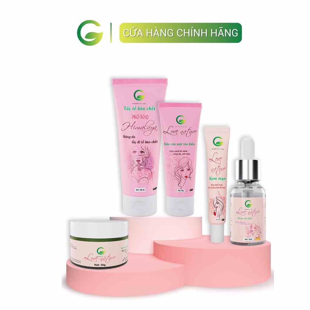 Combo chống lão hóa Love Nature gồm Tẩy tế bào chết, Sữa rửa mặt, Serum tảo biển, Kem mụn, Mặt nạ tảo biển