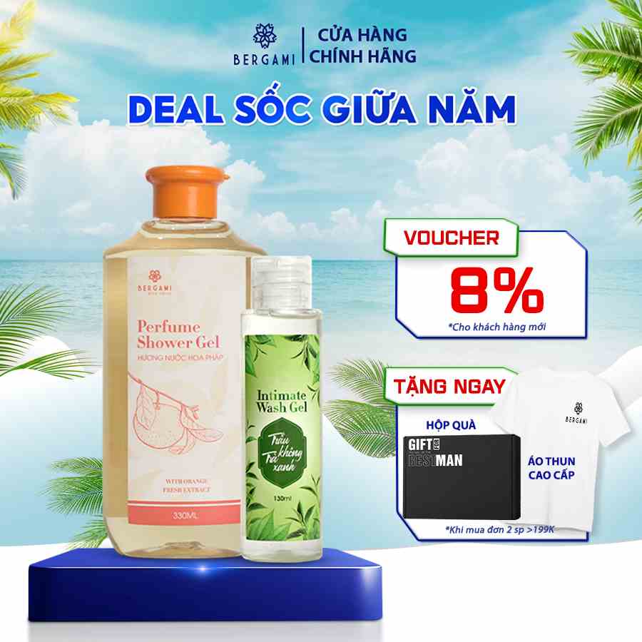 Combo Sữa tắm dưỡng ẩm Bergami 330ml & Dung dịch vệ sinh phụ nữ Bergami giảm khuẩn giảm viêm ngứa 130ml