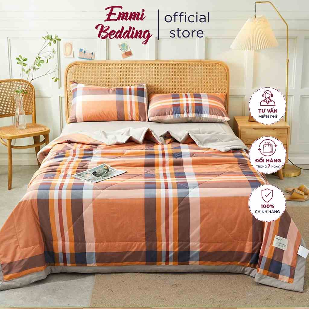 Bộ chăn ga gối cotton tici chăn trần EMMI Bedding mẫu KẺ CAM ĐẤT  grap nệm thun lạnh Hàn Quốc Drap giường đệm đủ siz