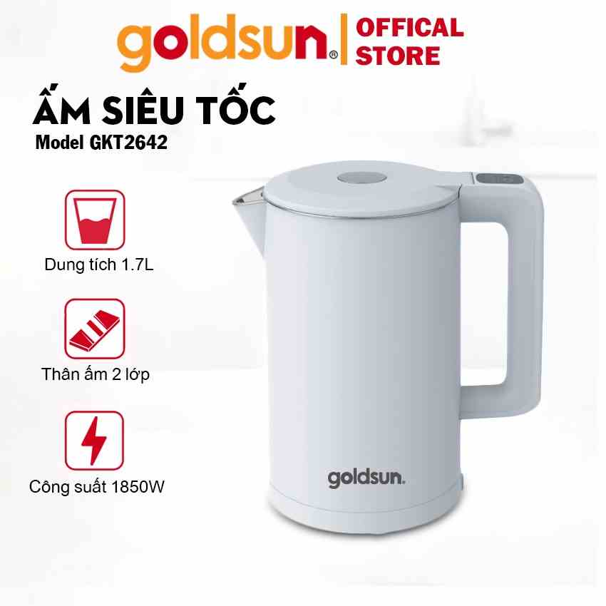 Ấm đun nước siêu tốc thông minh - Bình đun siêu tốc inox 3 lớp điều chỉnh nhiệt độ 1.7L Goldsun GKT2642