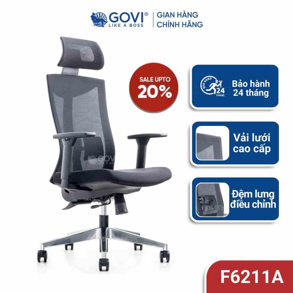 Ghế công thái học Ergonomic GOVI Felix 6211A đủ tính năng - Tựa đầu, tựa tay điều chỉnh, đệm trượt, ngả và khóa 3 vị trí