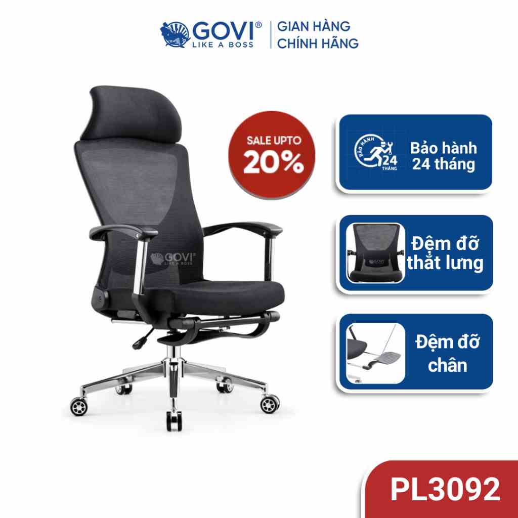 Ghế công thái học Ergonomic GOVI Plato PL3092 - Thiết kế hiện đại kê chân hỗ trợ bảo vệ sức khỏe