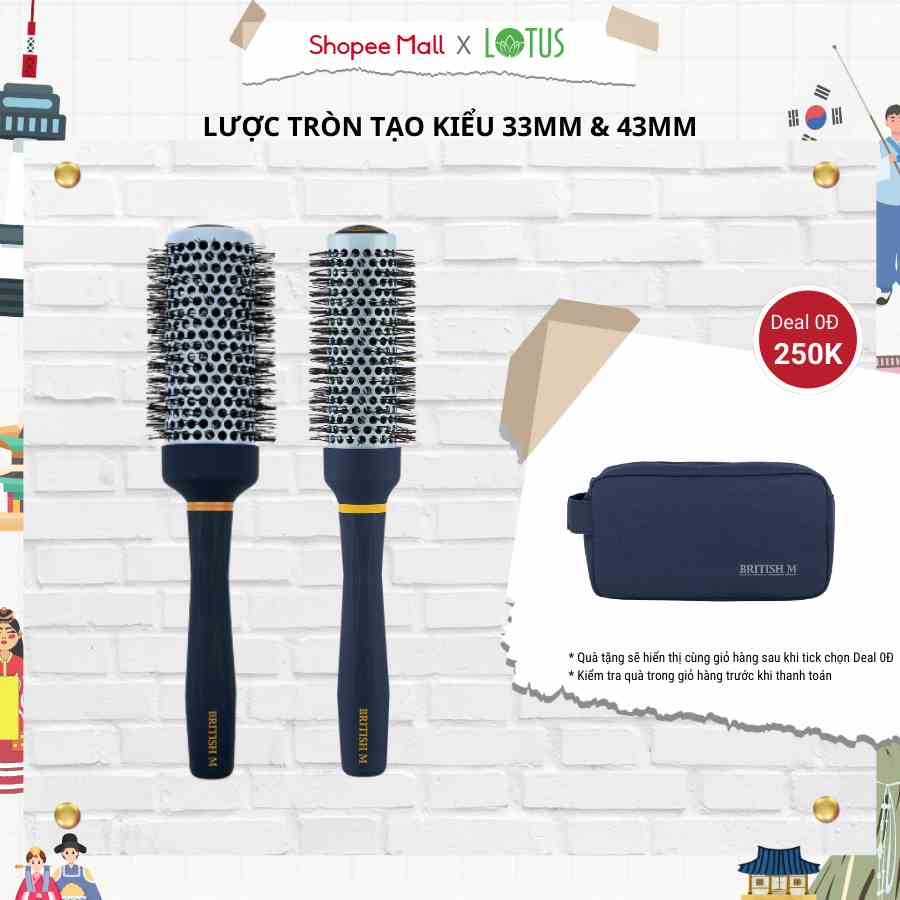 Lược tròn tạo phồng, sấy tạo kiểu cao cấp Hàn Quốc cho nam nữ BRITISH M Hot Curling Ceramic Brush