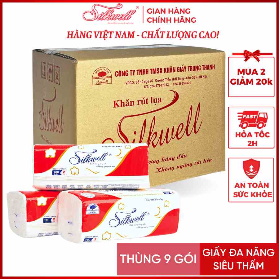 Combo 9 Giấy lau đa năng Silkwell 100 tờ đặc biệt siêu dai, khăn lau bếp sạch dầu mỡ chuyên dụng hàng chính hãng